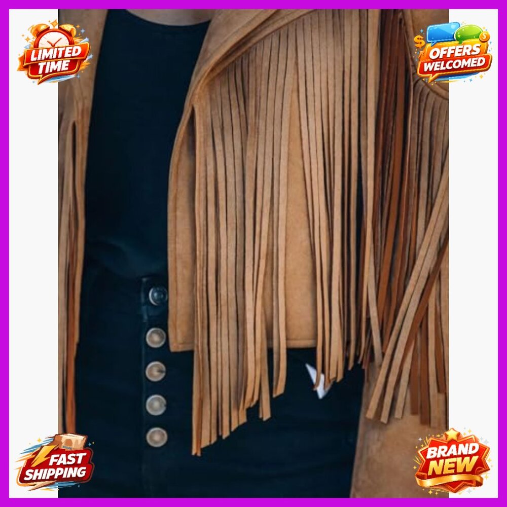 Faux Suede Cropped Fringe Jacket Women's Western Motorcycle Style - Picture 6 of 7